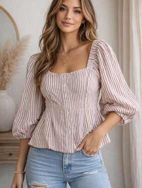 CAbi Milkmaid Cottagecore Romantic Puff Sleeve Button Front Blouse Women’s Small